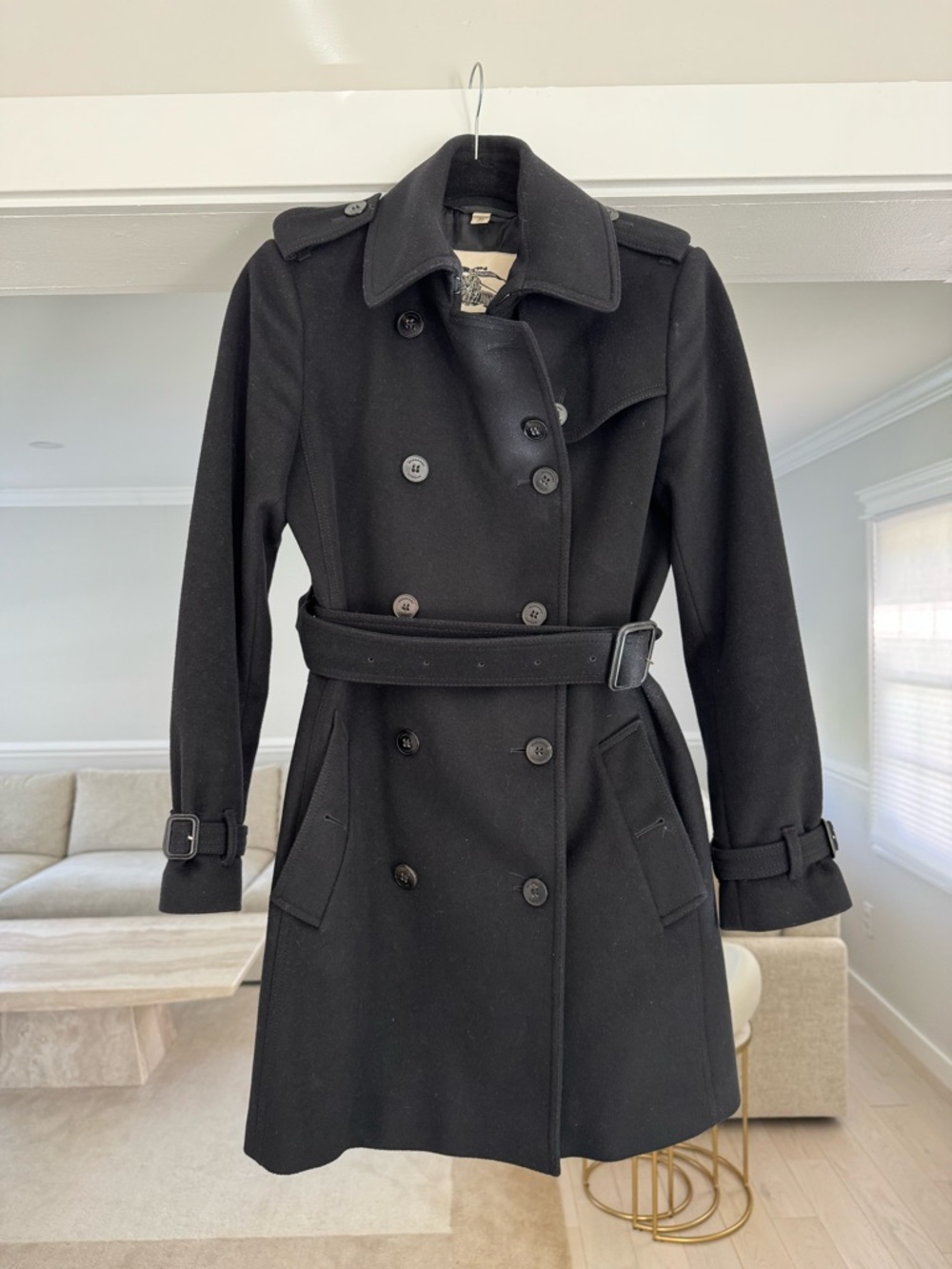 Burberry Black Double-Breasted Wool Trench Coat